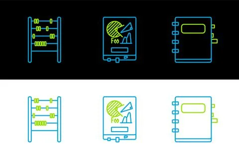 Set line Notebook, Abacus and Board with graph chart icon. Vector Illustrazione stock
