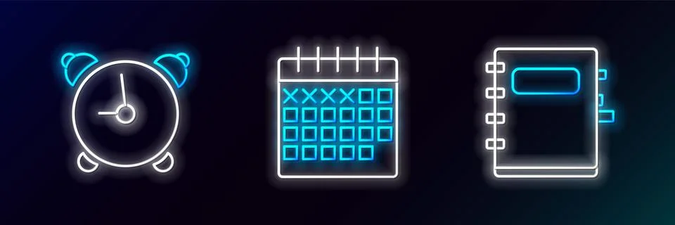 Set line Notebook, Alarm clock and Calendar icon. Glowing neon. Vector Illustrazione stock