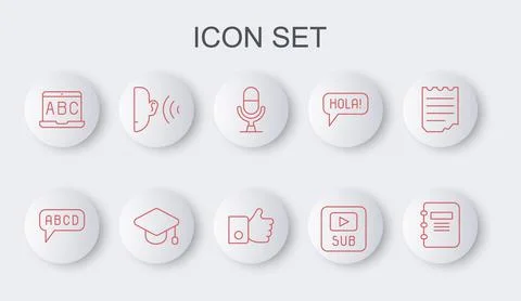Set line Notebook, Alphabet, Microphone voice device, Video with subtitles, F Stock Illustration