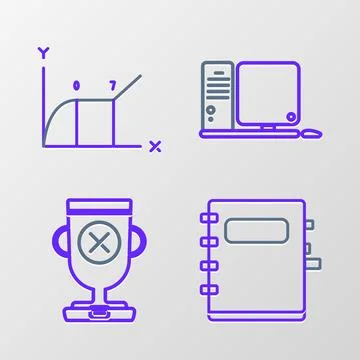 Set line Notebook, Award cup, Computer monitor with keyboard and mouse and Pie Stock Illustration