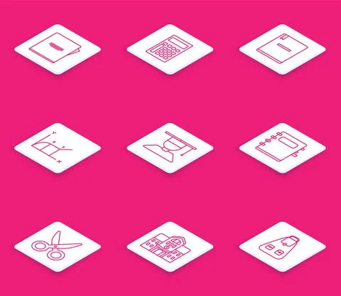 Set line Notebook, Calculator, Pie chart infographic, Graduate and graduation Ilustración de archivo