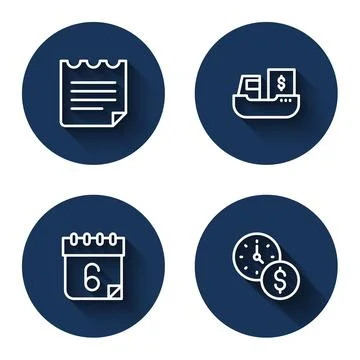 Set line Notebook, Cargo ship with boxes delivery, Calendar and Time is money Stock Illustration