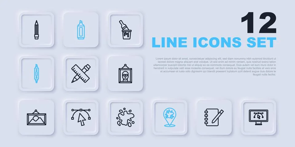 Set line Notebook, Computer with design program, Crossed ruler and pencil, .. 스톡 일러스트