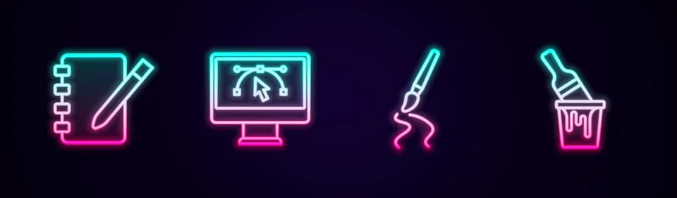 Set line Notebook, Computer with design program, Paint brush and bucket. Gl.. イラスト素材