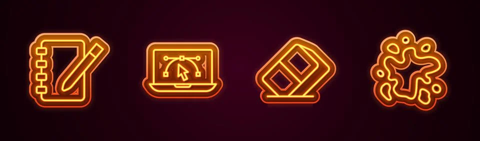 Set line Notebook, Computer with design program, Eraser or rubber and Paint.. Stockillustratie