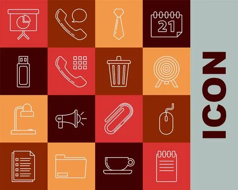 Set line Notebook, Computer mouse, Target, Tie, Telephone handset, USB flash Illustrazione stock