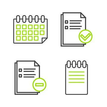 Set line Notebook, Document with minus, and check mark and Calendar icon. Vector Stock Illustration