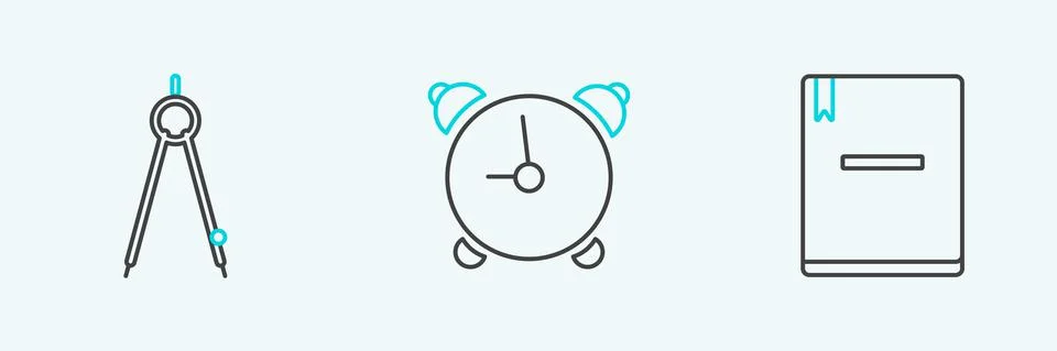 Set line Notebook, Drawing compass and Alarm clock icon. Vector Stock-Illustration