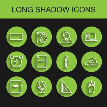 Set line Notebook, Earth globe, Chalkboard, Triangular ruler, Pencil case Illustrazione stock