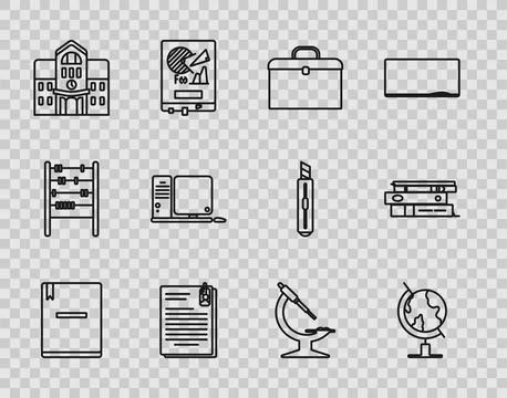 Set line Notebook, Earth globe, Briefcase, File document and paper clip, Sc.. Stock Illustration