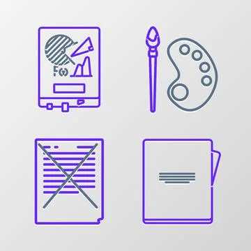 Set line Notebook, Exam paper with incorrect answers survey, Paint brush palette Stock Illustration