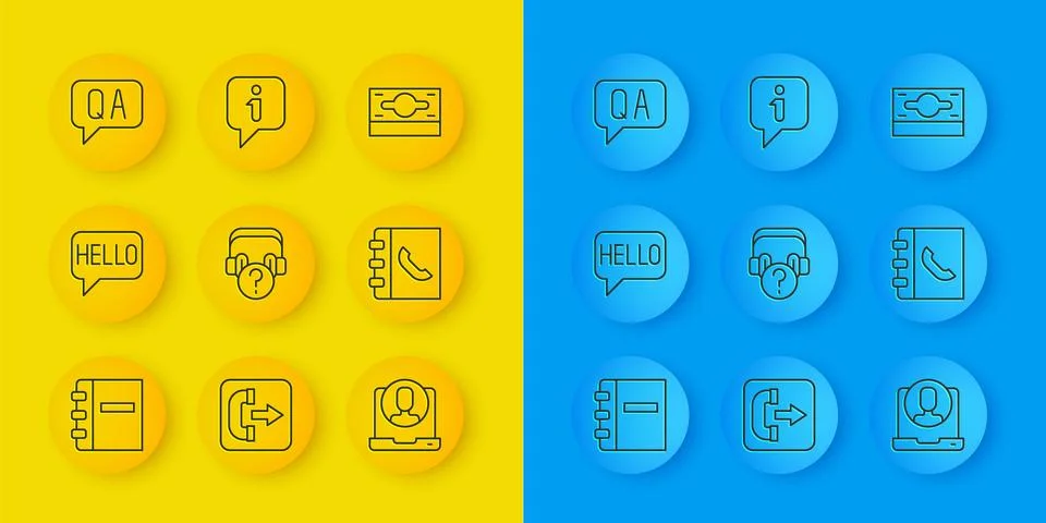 Set line Notebook, Hello in different languages, Headphones with question, .. Stock Illustration