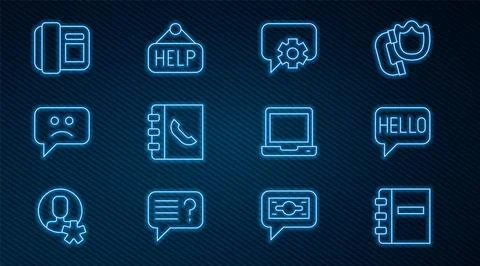 Set line Notebook, Hello in different languages, Telephone 24 hours support.. Stock Illustration