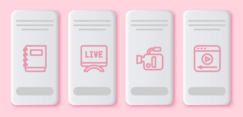 Set line Notebook, Live report, Cinema camera and stream. White rectangle button 스톡 일러스트