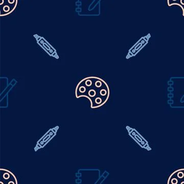 Set line Notebook, Marker pen and Palette on seamless pattern. Vector Stock Illustration
