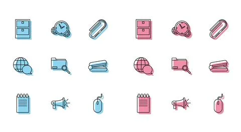 Set line Notebook, Megaphone, Archive papers drawer, Computer mouse, Search Stock Illustration