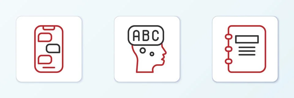 Set line Notebook, New chat messages notification and Learning foreign lang.. Stock Illustration