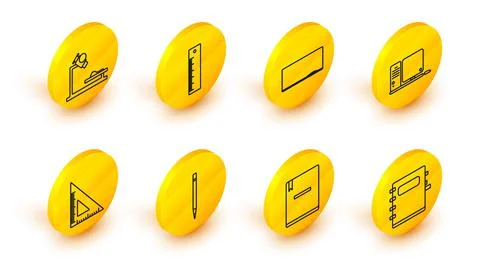 Set line Notebook, Pencil with eraser, Triangular ruler, Computer monitor 스톡 일러스트