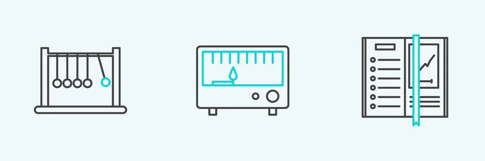 Set line Notebook, Pendulum and Electrical measuring instruments icon. Vector 스톡 일러스트