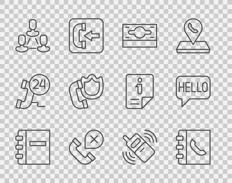 Set line Notebook, Phone, Stacks paper money cash, Declined or missed phone c Stock Illustration