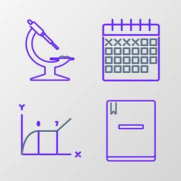 Set line Notebook, Pie chart infographic, Calendar and Microscope icon. Vector Illustrazione stock