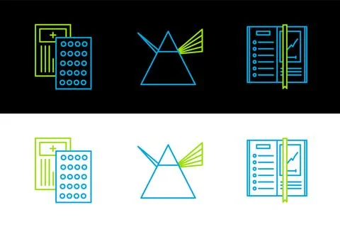 Set line Notebook, Pills in blister pack and Light rays prism icon. Vector Stock Illustration