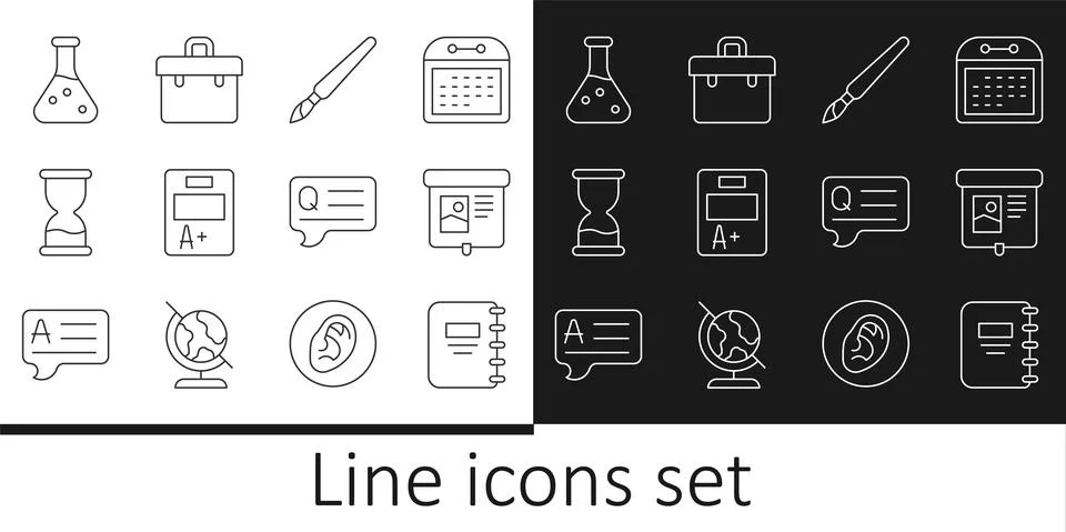 Set line Notebook, Projection screen, Paint brush, Exam sheet with A plus grade Stock Illustration