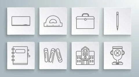 Set line Notebook, Protractor grid for measuring degrees, Paper clip, School  Ilustración de archivo