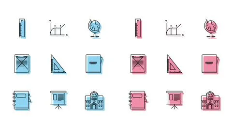 Set line Notebook, schedule, chart, diagram, infographic, pie graph, Ruler,.. Stock Illustration