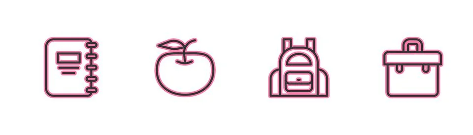 Set line Notebook, School backpack, Apple and Briefcase icon. Vector Stock Illustration