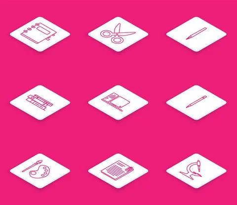 Set line Notebook, Scissors, Pen, Office folders with papers and documents Stock Illustration