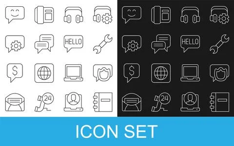 Set line Notebook, Speech bubble chat, Wrench spanner, Headphones, Telephone 24 Stock Illustration