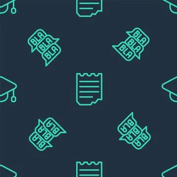 Set line Notebook, Speech bubble chat and Graduation cap on seamless patter.. Stock Illustration