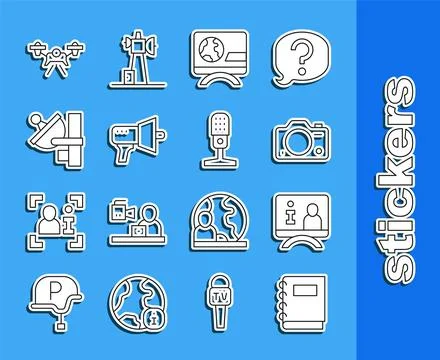 Set line Notebook, Television report, Photo camera, Breaking news, Megaphone Stock Illustration