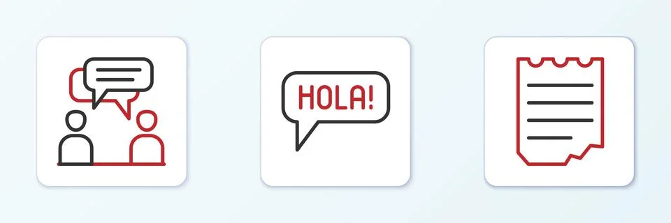 Set line Notebook, Two sitting men talking and Hola different languages icon Stock Illustration