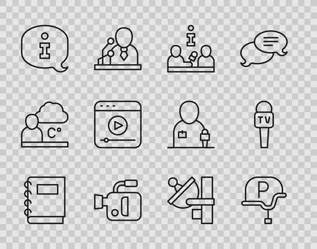 Set line Notebook, War journalist, Interview, Cinema camera, Information, Live Illustrazione stock