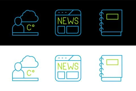 Set line Notebook, Weather forecast and News icon. Vector Stock Illustration