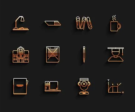 Set line Notebook, Workplace table lamp open, Award cup, Pie chart infographic Ilustración de archivo