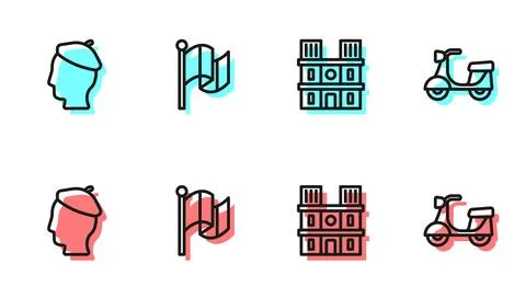 Set line Notre Dame de Paris, French man, Flag France and Scooter icon. Vector Stock Illustration