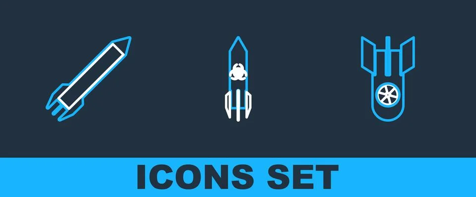 Set line Nuclear bomb, Rocket and Biohazard rocket icon. Vector Stock Illustration