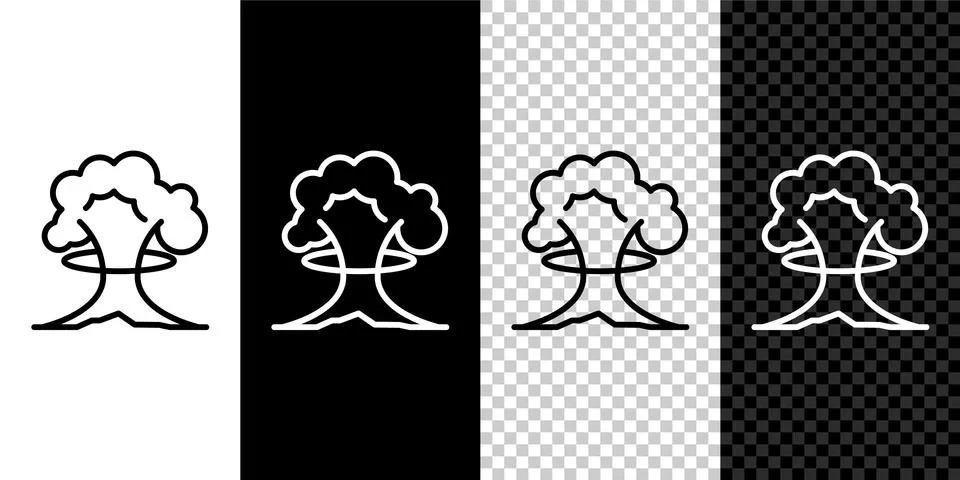 Set line Nuclear explosion icon isolated on black and white, transparent Stock Illustration