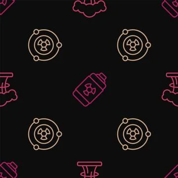 Set line Nuclear explosion, Radioactive and energy battery on seamless pattern 스톡 일러스트