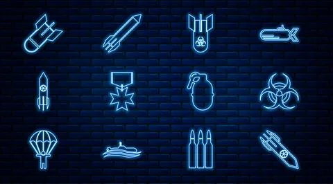 Set line Nuclear rocket, Biohazard symbol, bomb, Military reward medal, Aviation Illustrazione stock