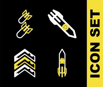 Set line Nuclear rocket, Biohazard, Military rank and Aviation bomb icon. Vec Stock Illustration