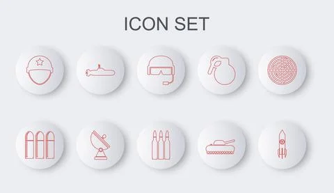 Set line Nuclear rocket, Bullet, Military helmet, tank, Submarine, Radar and Stock-Illustration