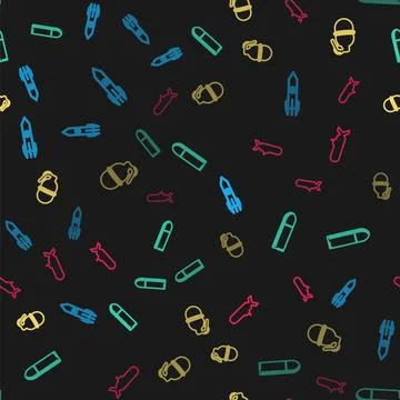 Set line Nuclear rocket, Bullet, Hand grenade and Submarine on seamless pattern Stock Illustration