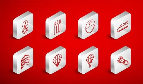 Set line Nuclear rocket, Bullet, Military helmet, tank, Parachute, reward medal Illustrazione stock