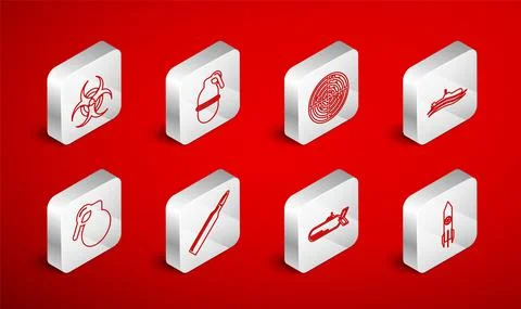 Set line Nuclear rocket, Hand grenade, Radar with targets, Submarine, Biohazard Stock-Illustration