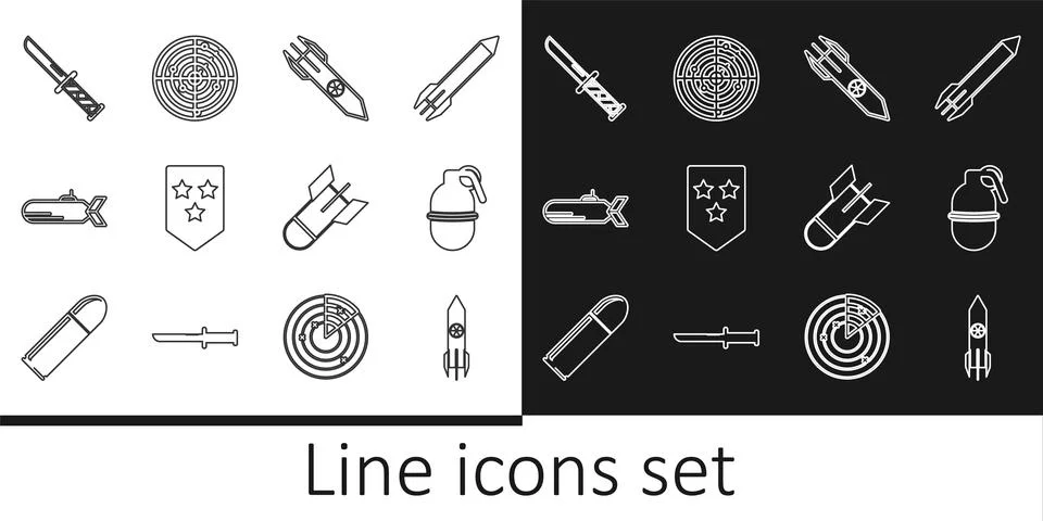 Set line Nuclear rocket, Hand grenade, Chevron, Submarine, Military knife, .. Illustrazione stock