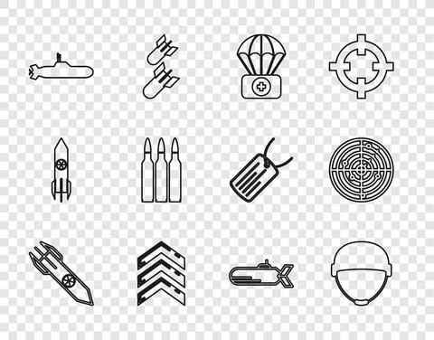 Set line Nuclear rocket, Military helmet, Parachute with first aid kit, rank Stock Illustration
